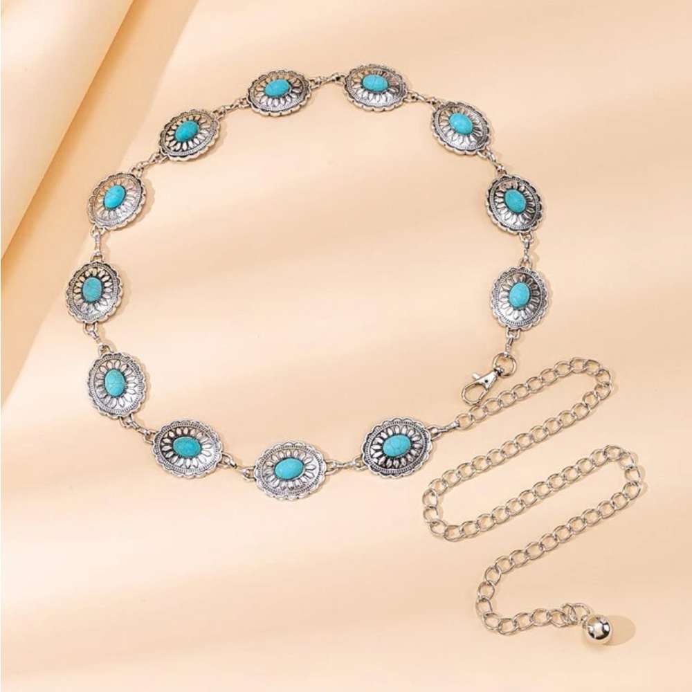 Turquoise & Oval Decor Chain Belt